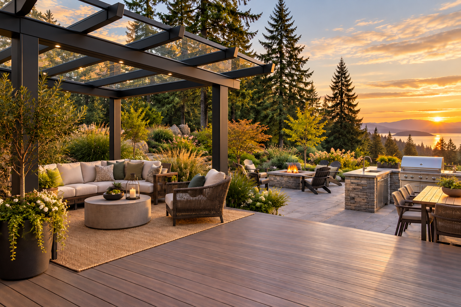 Illustrative outdoor living concept with a black aluminum glass-roof pergola-style patio cover, deck, stone patio and garden