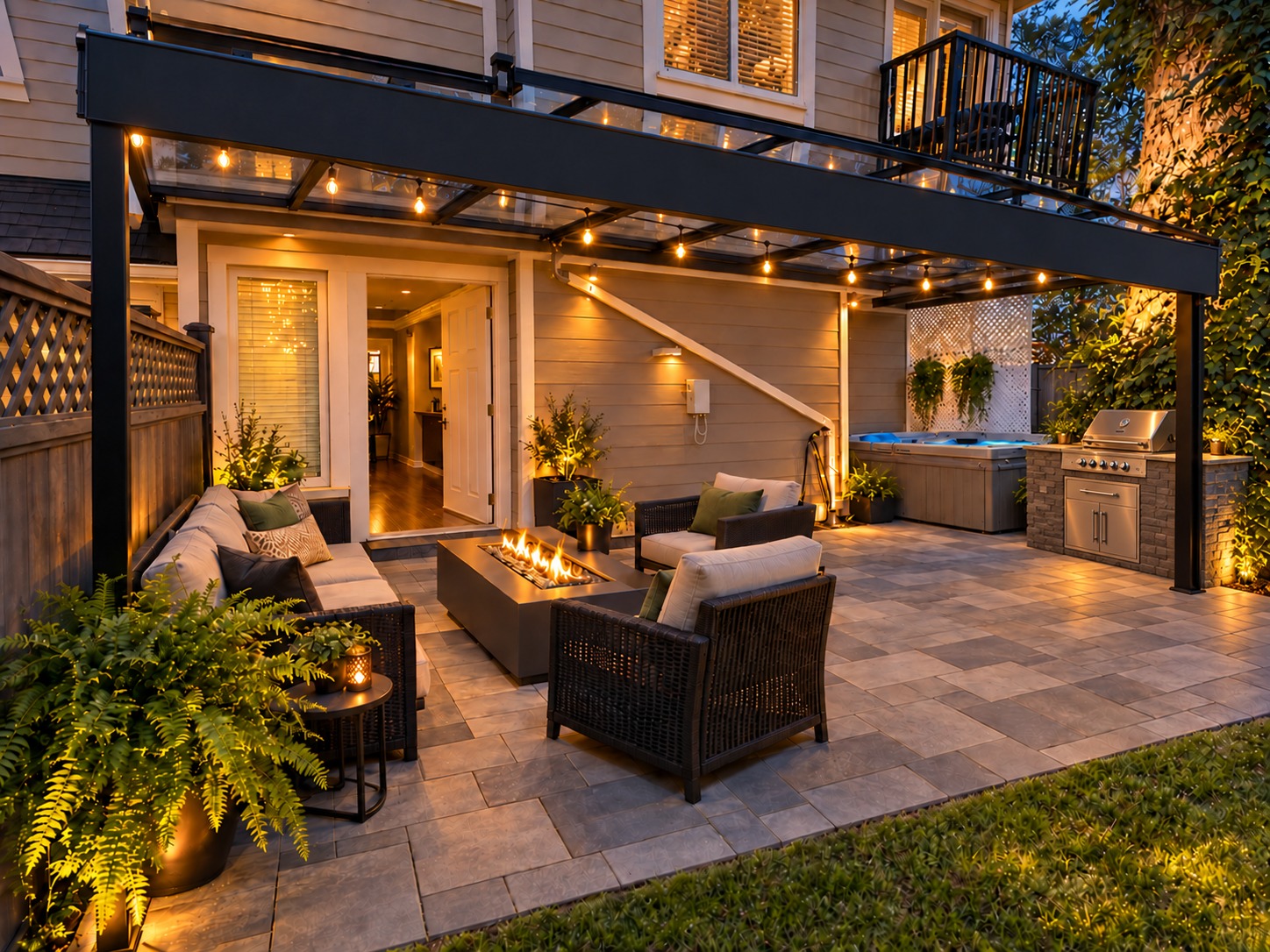 Proposed backyard design with a black glass patio cover, grey pavers, fire table seating and built-in slate BBQ island